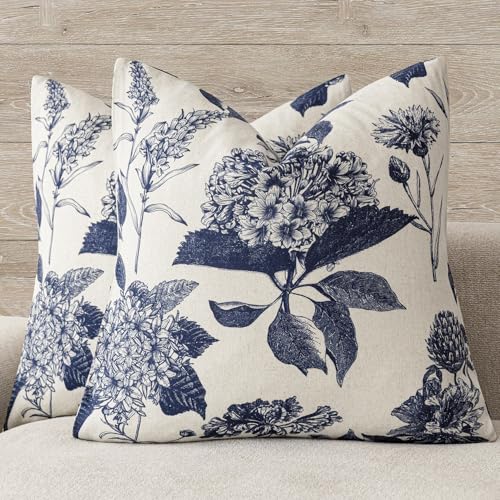 Foindtower Set of 2 Linen Floral Vintage Throw Pillow Covers Neutral Accent Print Decorative Cozy Cushion Covers Farmhouse Boho Home Decor for Sofa Chair Couch Bed Living Room,18×18 Inch,Navy Blue - color: Navy Blue, size: 18" x 18" (Pack of 2)