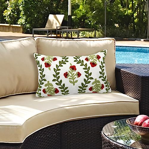 Alysheer Floral Embroidered Summer Lumbar Decorative Throw Pillow Cover 12"x 20", Farmhouse Cottage Red Flowers Green Leaves Patterned Cotton Canvas Cushion Case for Sofa Couch Bed Living Room Decor - color: Red, size: 20" x 12" (Pack of 1)
