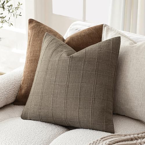 Foindtower Set of 1 Decorative Linen Check Throw Pillow Cover Neutral Farmhouse Vintage Cushion Cover Modern Boho Home Decor for Sofa Chair Couch Bedroom Living Room Outdoor,16×16 Inch,Light Brown - color: Brown, size: 16" x 16" (Pack of 1)