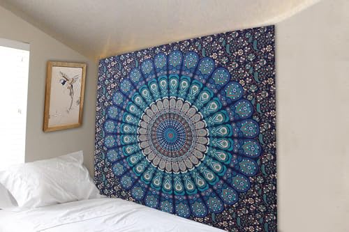 FURNISHFUL FINESSE Handmade Cotton Peacock Mandala Tapestry - Navy Blue & Green Ombre Boho Wall Decor, Bohemian Hippie Room Hanging for Bedroom & Living Room - 30x40 Inches - color: Navy Blue, size: 40"L x 30"W