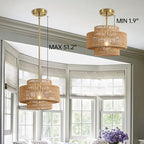 12.4” Boho Rattan Chandelier Light Fixture, 1-Light Hand Woven Pendant Light Fixture Farmhouse Rustic Hanging Lamp for Kitchen Island Bedroom, Dining Room, Living Room, Entryway, Foyer - color: Brown, size: 12.4" 1-Light