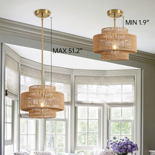 12.4” Boho Rattan Chandelier Light Fixture, 1-Light Hand Woven Pendant Light Fixture Farmhouse Rustic Hanging Lamp for Kitchen Island Bedroom, Dining Room, Living Room, Entryway, Foyer - color: Brown, size: 12.4" 1-Light