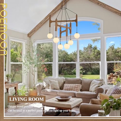 Farmhouse L28 '' Wooden Chandeliers with Milk Glass Globes Lampshades, Rustic Oak Mid Century Long Pendant Chandelier Light Fixture 6-Light for Foyer Living Dining Room Bedroom Kitchen,G9 - color: Golden Oak, size: L28 inches
