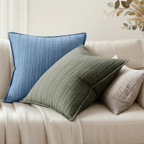 Set of 2 Decorative 100% Cotton Waffle Throw Pillow Covers 20x20, Neutral Coastal Euro Shams Weave European Cushion Cases for Couch Sofa Bed Modern Farmhouse Home Decor, Blue - color: Blue, size: 20" x 20" (Pack of 2)
