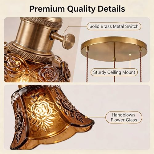 Amber Wind Chime Glass Pendant Light, 3 Natural Light Bulbs Included, Adjustable Cord with Switch, Hanging Lamp for Kitchen Island/Dining Room - color: Amber 3pcs Flower Pendant Light
