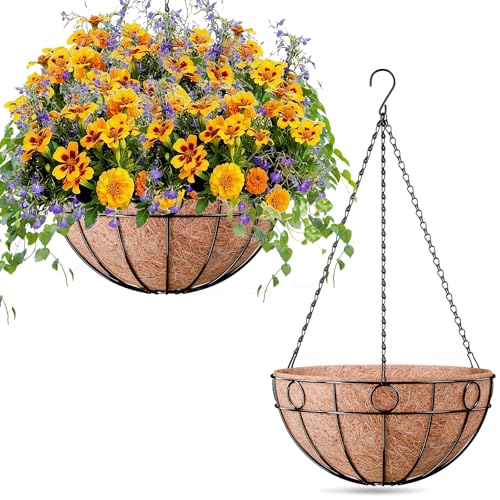 ZeeDix 2 Pack 14 Inch Metal Outdoor Plant Hanging Baskets, Round Wire Planter Basket with Coco Coir Liner, Large Hanging Flower Pots for Outdoor Garden Yard Patio Porch Balcony Decor - size: 14 Inch