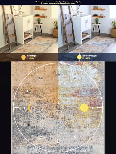 BoutiqueRugs Light Gray Abstract 8ft Round Area Rug Contemporary Mustard Ice Blue Navy Alexandra Living Room Bedroom Dining Room Home Office Apartment 7'10" Round Stain Resistant Non-Shedding - color: Gray/Mustard, size: 7'10" (Round)