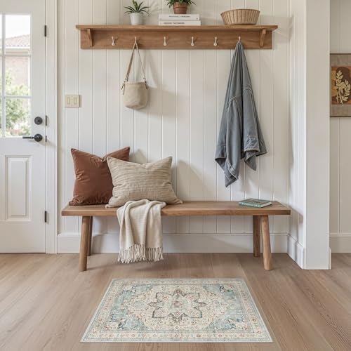 Tortania Area Rug 2x3 Doormat - Washable Vintage Oriental Farmhouse Soft Thin Indoor Carpet for Living Room Bedroom Hallway Entryway Kitchen - Aqua Multi - color: Aqua Multi, size: 2' x 3' (Rectangular)