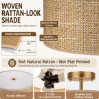 13" Woven Rattan Boho Ceiling Light Fixture, 3-Light Modern Semi Flush Mount Lamp with Drum Fabric Shade, Rustic Brown Lighting for Bedroom, Dining Room, Living Room, Hallway, Entryway - color: Deep Brown
