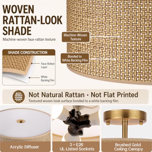13" Woven Rattan Boho Ceiling Light Fixture, 3-Light Modern Semi Flush Mount Lamp with Drum Fabric Shade, Rustic Brown Lighting for Bedroom, Dining Room, Living Room, Hallway, Entryway - color: Deep Brown
