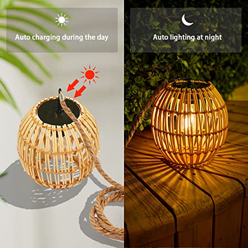 Livinlarge Hanging Solar Lantern Outdoor Waterproof, Large Solar Rattan Lantern Outdoor with Twine Handle, Bright Outdoors Hanging Lights with Edison Bulb for Garden Patio Yard Decoration - style: Solar Lantern