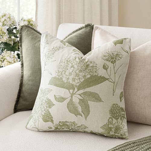 Foindtower Set of 2 Linen Floral Throw Pillow Covers Vintage Accent Print Decorative Cozy Cushion Covers Farmhouse Boho Home Decor for Sofa Chair Couch Bedroom Living Room,18×18 Inch,Light Green - color: Light Green, size: 18" x 18" (Pack of 2)