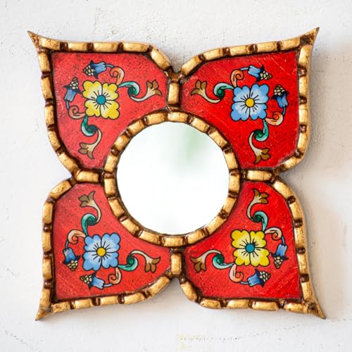 Handmade Peruvian Mirror - Reverse Painted Glass Mirror - Square or Diamond Shaped Wall Mirror with Bronze Leaf - Small Mirrors for Gallery Wall (Red) - color: Red