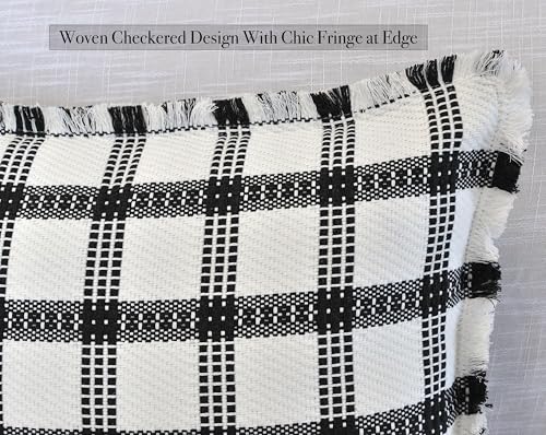 Checkered Throw Pillow Covers with Fringe Set of 2 Woven Cotton Plaid Cushion Covers With Tassels Trim Edge Square Pillow Cases Classic Scandinavian Cottagecore Checks Pattern Black and White 18x18 - color: Black, size: 18" x 18" (Pack of 2)