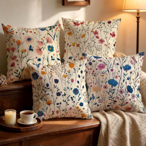 OBSEDE Dainty Botanical Floral Decorative Throw Pillow Covers, Set of 4 Minimalist Cushion Cases 18x18 Inch - color: Dainty Botanical