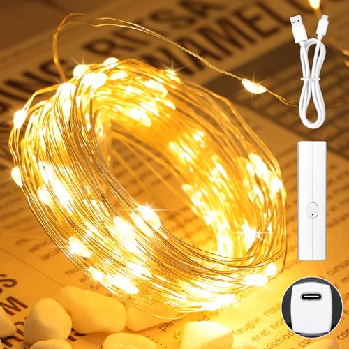 Lakumu 33FT 100 LED Warm White Fairy Lights, Rechargeable Type-C String Lights with 8 Modes Timer, Waterproof Battery Operated Twinkle Lights for Bedroom Wedding Party Centerpieces - color: Warm White, size: 33FT