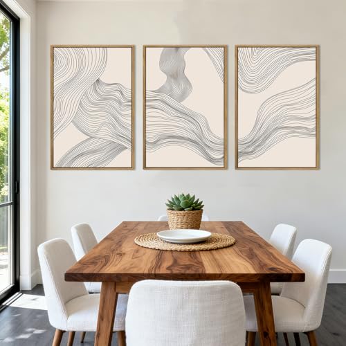 Beige Abstract Wall Art Framed Neutral Modern Canvas Wall Decor Minimalist Line Wave Painting16x24 Inch Pictures Set of 3 for Living Room Bedroom Dining Room - color: Beige Line, size: 24"L x 16"W