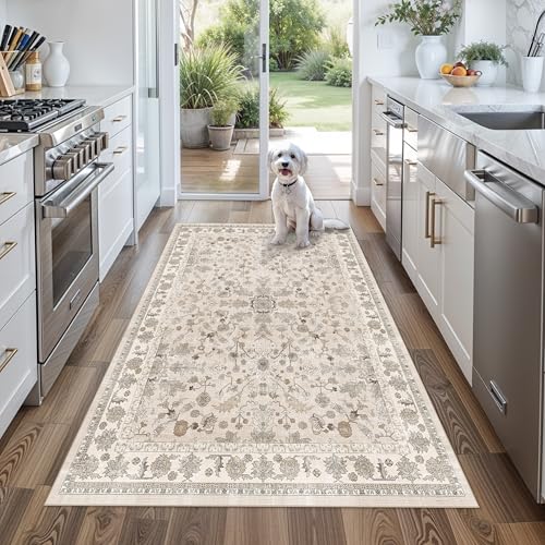 4x5 Washable Kitchen Entryway Rug – Non-Slip Soft Low Pile Indoor Carpet for Bathroom Living Room Bedroom – Boho Floral Small Throw Area Rug (Beige,4x5) - color: Beige, size: 4' x 5' (Rectangular)
