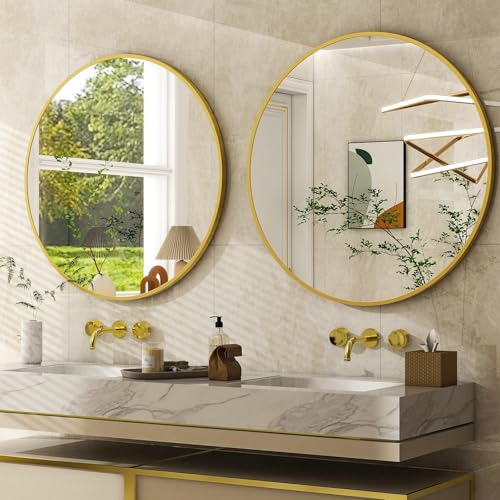 48 Inch Round Bathroom Mirror - Black Wall Mounted Circle Mirror with Metal Frame, Modern Round Hanging Mirror Suitable for Bathroom, Vanity, Entryway, Living Room - color: Gold, size: 20"L x 20"W