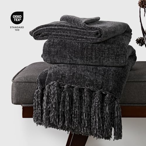 EverGrace Soft Chenille Throw Blanket for Couch, Cozy Plush Fuzzy Decorative Chenille Knit Throw Blanket with Tassels, Lightweight Blanket and Throws for Bed Sofa Gift Home Decor, Iron Black 60"x80" - color: Iron Black, size: 60"x80"