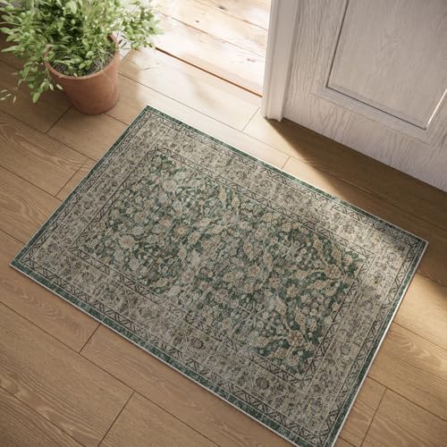 Boho Washable Kitcheh Rug for Entryway: Door Mat Indoor Entrance 2x3 Small Throw Rug Stain Resistant Non-Slip Low Pile Soft Carpet for Kitchen Front Door Indoor Entrance Entry Bedroom - color: Dark Green Brown, size: 2' x 3' (Rectangular)