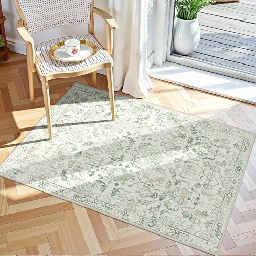 Green Small Area Rug 2x3 Throw Rug for Entryway Bathroom Kitchen, Non-Slip Low-Pile Washable Distressed Modern Boho Floor Carpet for Laundry Room, Indoor Washstand Vanity Front Mat 24x36 Inch - color: Beige Green, size: 2'x3'
