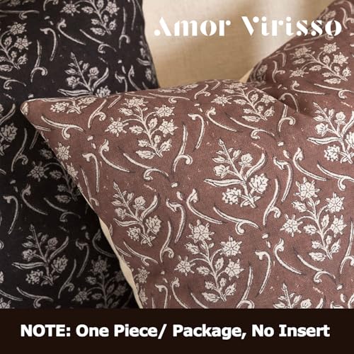 Amor Virisso Floral Pillow Covers 18x18 Inch Farmhouse Block Print Pillow Cover Accent Square Neutral Modern Decorative Throw Pillow Covers for Living Room Couch Bed Sofa Chair, Brown - color: Brown, size: 18" x 18" (Pack of 1)