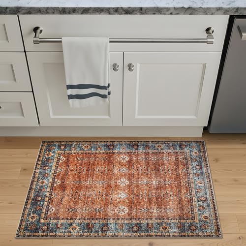 Bloom Rugs Washable Non-Slip 2' x 3' Rug - Orange/Teal Blue Traditional Bordered Area Rug for Living Room, Bedroom, Dining Room, and Kitchen - Exact Size: 2' x 3' - color: Orange/Teal Blue, size: 2' x 3' (Rectangular)