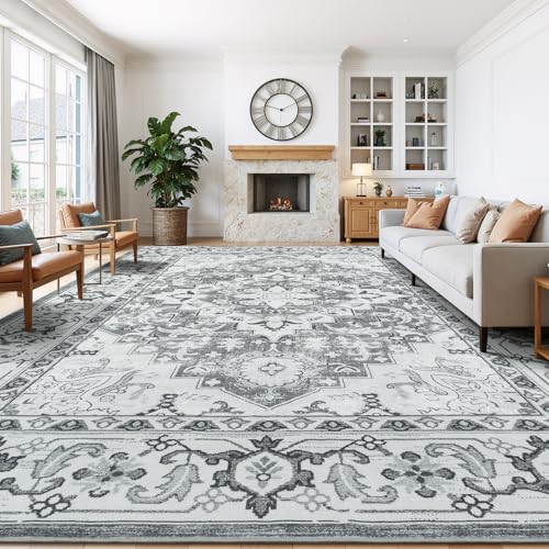 Lessymo Area Rugs 10 x 14 for Living Room, Washable Large Area Rugs Boho Faux Wool Low Pile Area Rug for Bedroom, Floral Medallion Vintage Rugs with Non-Slip Rubber, Kid & Pet Friendly,Grey Beige - color: Grey Beige, size: 10' x 14' (Rectangular)