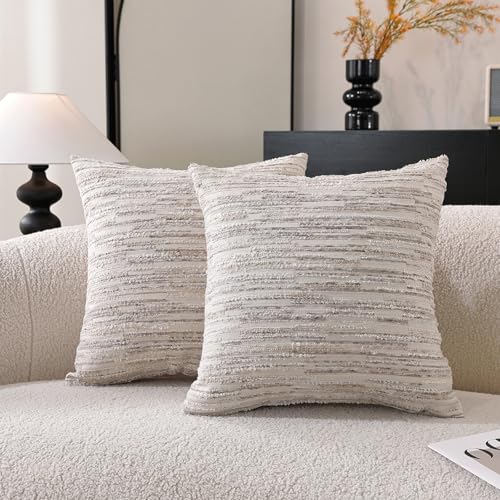 Striped Throw Pillow Covers 20x20 Set of 2 Beige Textured Boucle Chic Morden Boho Accent Farmhouse Decorative Chenille Pillow Covers for Home Decor Bed Sofa Living Room - color: Beige, size: 20" x 20" (Pack of 2)