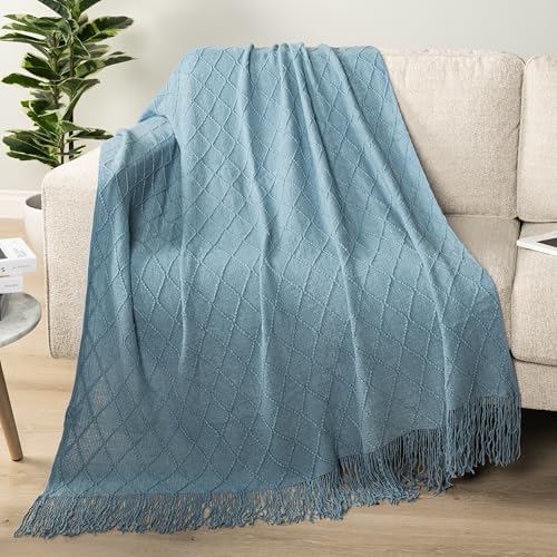 PAVILIA Dusty Blue Knit Throw Blanket for Couch Bed, Soft Knitted Farmhouse Sofa Throw for Living Room, Lightweight Decorative Summer Throw Blanket for Chair, Outdoor Textured Boho Blanket, 50x60 - color: Dusty Blue, size: 50 X 60 Inches - Throw