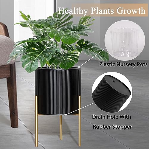 ARNIS Modern Planter Pots, Set of 2 Round Large Planters with Stand, Decorative Planters, Metal Pots with Drainage Holes for Living Room, Office, Garden or Balcony, 8.25 &10.5 Inch, Black & Gold - color: Black, size: 8.25 &10.5
