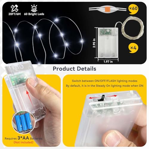 4 Pack 240LED Christmas Cool White Fairy Lights Battery Operated - 20FT Twinkle Lights with 2 Lighting Modes Indoor Outdoor, Waterproof Led Fairy String Lights for Bedroom, Classroom, Dorm, DIY Decor - color: White, size: 4 Pack