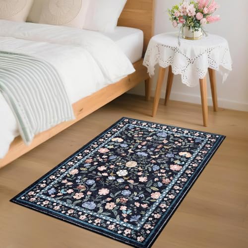 GarveeHome 2x3 Floral Rugs for Entryway, Non-Slip Soft Vintage Throw Door Mat, Low Pile Foldable Farmhouse Carpet, Non-Shedding Indoor Washable Small Rug for Bedroom, Dark Grey Blue - color: Dark Grey Blue, size: 2' x 3' (Rectangular)