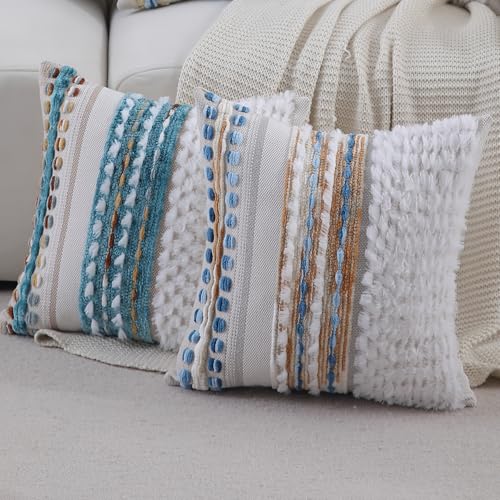 Boho Throw pillow covers 18x18 set of 2 farmhouse decorative Couch pillow covers neutral Accent throw pillows covers striped outdoor cushion covers square textured chenille pillow cases for sofa bed - color: Z New Teal