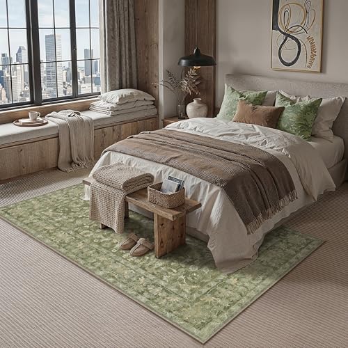 HUGEAR 6x9 Washable Vintage Area Rug Green Neutral Distressed Low Pile Non Slip Soft Carpet Indoor Throw Rug for Living Room Bedroom Dining Room Home Office - color: Green, size: 6' x 9' (Rectangular)