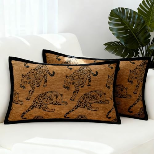 Mantle & Mason Leopard Lumbar Throw Pillow Covers 12x20 Set of 2 Cheetah Decorative Pillow Covers for Couch Bed Living Room Mid Century Modern Soft Cushion Covers Brown - color: Leopard Camel, size: 20" x 12" (Pack of 2)
