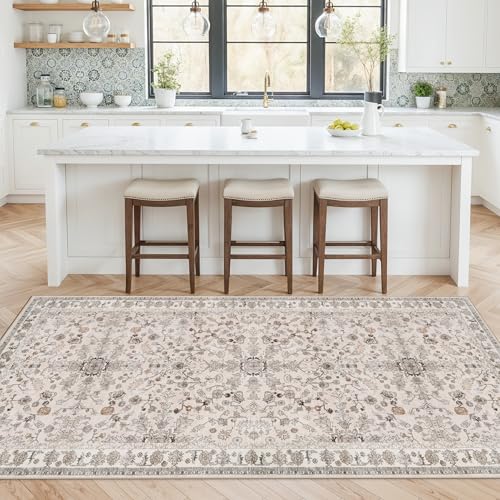 4x8 Rug Washable for Entryway Kitchen – Non-Slip Rubber Backed Area Rug for Hallway Bedroom Living Room Office,Boho Floral Low Pile Thin Floor Indoor Mat (Beige,4x8) - color: Beige, size: 4' x 8' (Rectangular)