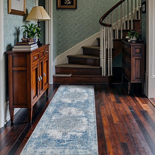 jinchan Runner Rug 2x6 Washable Hallway Rug Vintage Distressed Runner Indoor Thin Traditional Floral Mat Lightweight Non Slip Carpet for Kitchen Bathroom Laundry Room Bedroom Living Room Blue - color: Vintage Blue, size: 2' x 6' (Runner)