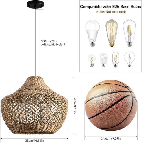 Hand-Woven Boho Rattan Chandelier Pendant Light Fixture - Brown Wicker Hanging Lamp for Kitchen Island, Dining Room, Bedroom, Foyer, Entryway, Porch or Restaurant Ceiling Lighting 15 Inch