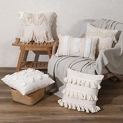 vctops Bohemian Geometric Tufted Throw Pillow Cover Rustic Moroccan Fringe Cushion Cover for Bed Sofa Couch (Beige A,12"x20") - color: Beige a, size: 20" x 12" (Pack of 1)