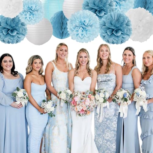 Dusty-Blue White Party-Decorations Paper-Flowers Lanterns - 15pcs Birthday Baby Bridal Shower Tissue Pom Poms Streamers Honeycomb, Boy Men Wedding Bachelorette Hanging Supplies Decor Hugfond - color: Dusty Blue