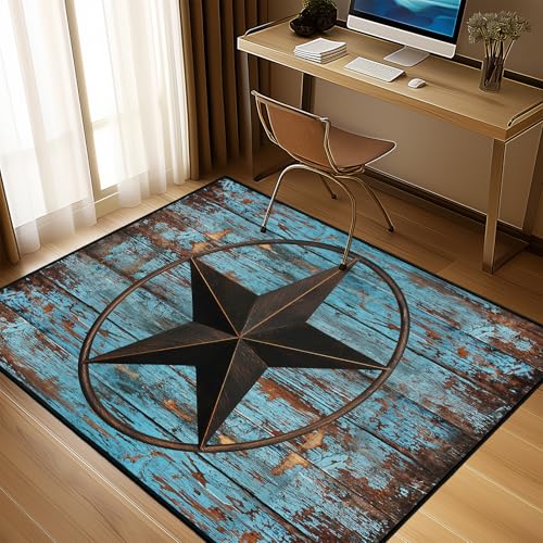 Western Area Rug 5x7,Rustic Barn Texas Star on Old Wooden Plank,Teal Rugs for Living Room,Ultra-Thin Washable Throw Carpet Indoor Non Slip Accent Floor Mats for Bedroom,Dining Room,Laundry Room,Office - size: 5'x7'