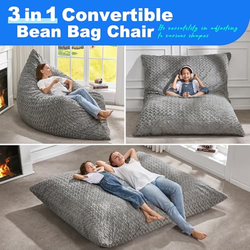 Hobestluk 3 in 1 Bean Bag Chair Giant Bean Bag Chairs for Adults with Chevron Plush Fur Cover Convertible Bean Bag Floor Cushion with Machine Washable Cover for Living Room (Chevron Plush Grey) - color: Lead Grey