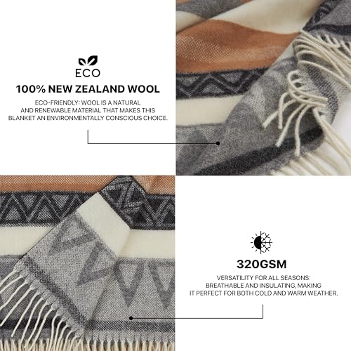 | Wool Blanket/Throw | 100% New Zealand Wool | Perfect for Home and Outdoors | Virgin Wool Throw with Fringes 75"x87" (190 x 220 cm) - color: Caramel Geometry, size: Full