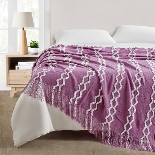 BOURINA Fluffy Chenille Knitted Fringe Throw Blanket Lightweight Soft Cozy for Bed Sofa Chair Throw Blankets Deep Purple 50" x 60" - color: A-purple, size: 50"×60"
