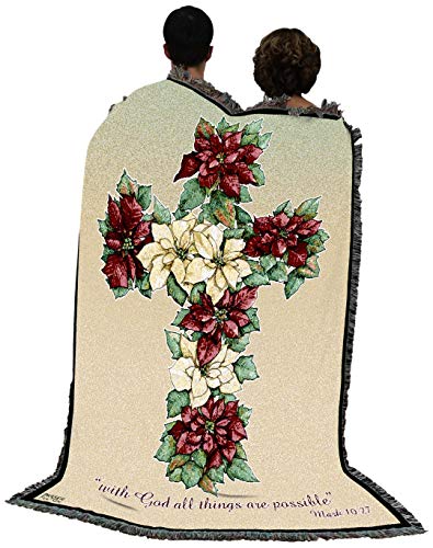 Poinsetta Cross Blanket by Parker Fulton - With God All Things Are Possible - Scriptures Mark 10:27 - Sympathy Bereavement Gift Tapestry Throw Woven from Cotton - Made in the USA (72x54) - color: Poinsetta Cross, size: 72" x 54"