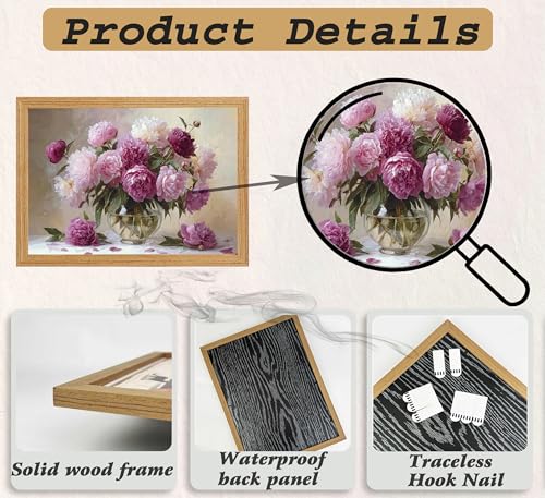 Framed Pink Peony Flower Wall Art, Oil Painting Style Floral Botanical Canvas Print Poster, Flowers Wall Decor for Living Room Bedroom, Rustic Home Decoration, - color: Peony flowers, size: 24"L x 16"W