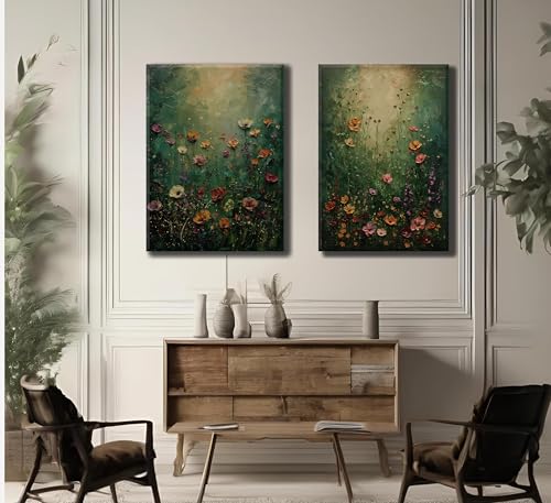 2Psc Vintage Framed Canvas Wall Art Dried Flowers Painting Picture Wall Decor Retro Moody Floral Botanical Poster Print Artwork for Bathroom Bedroom Living Room Gallery Home Decoration - color: Retro dark floral, size: 16"L x 12"W