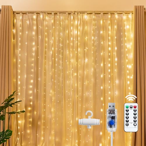 Brightown 300 LED Fairy Curtain Lights, 9.8ft x 9.8ft Warm White Curtain String Lights, USB Plug in 8 Lighting Modes Christmas Decoration, Hanging Lights with Remote for Bedroom Indoor Weddings Dorm - color: Warm White, size: 1 Pack-300 LED-USB Plug
